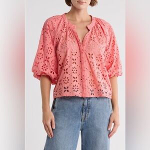 New! Joe’s Broderie Top, Women's Lantana Pink Eyelet Balloon Sleeve Size Medium